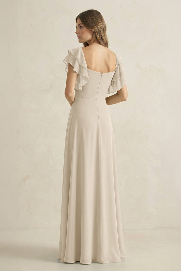 Ruffled Sleeves A-Line Chiffon Bridesmaid Dress in Champagne - KissProm BRIDESMAID DRESSES