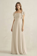 Ruffled Sleeves A-Line Chiffon Bridesmaid Dress in Champagne - KissProm BRIDESMAID DRESSES