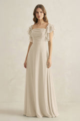 Ruffled Sleeves A-Line Chiffon Bridesmaid Dress in Champagne - KissProm BRIDESMAID DRESSES