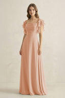 Ruffled Sleeves A-Line Chiffon Bridesmaid Dress in Champagne Rose - KissProm BRIDESMAID DRESSES