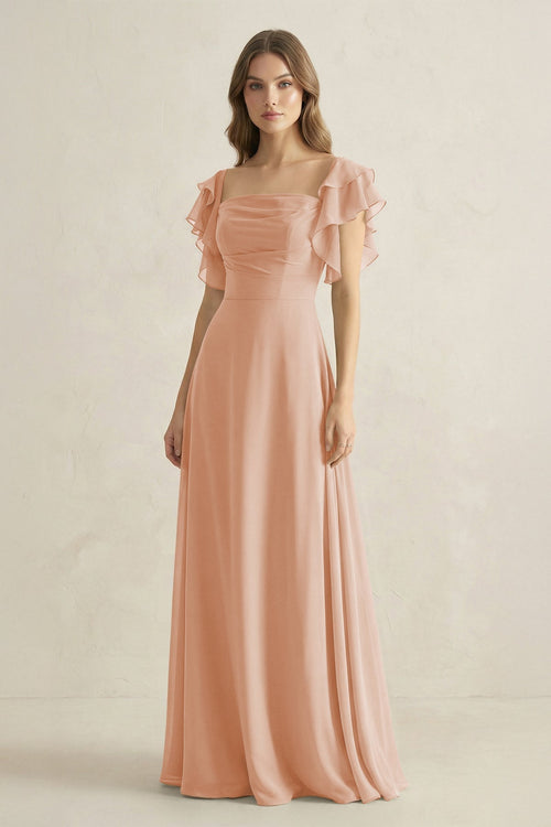 Ruffled Sleeves A-Line Chiffon Bridesmaid Dress in Champagne Rose - KissProm BRIDESMAID DRESSES