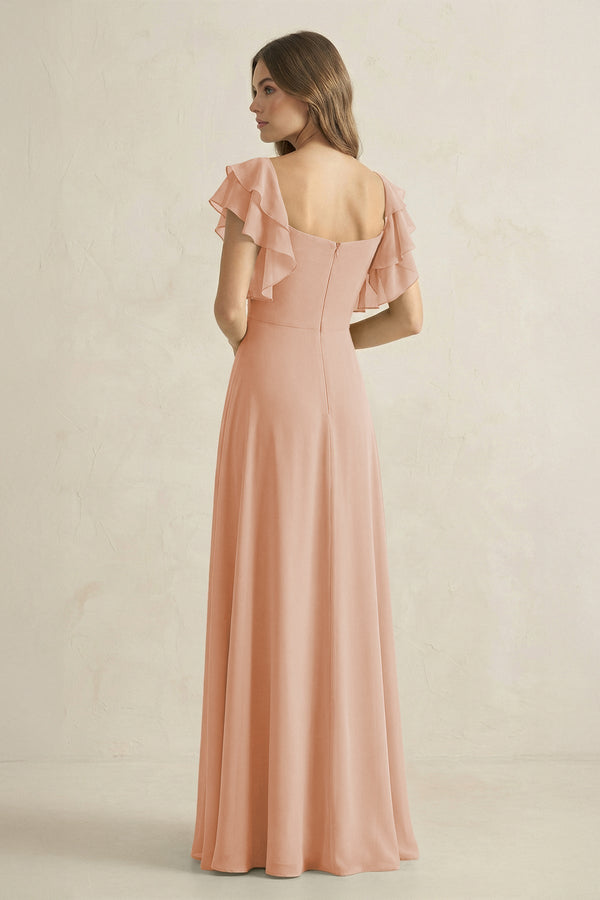 Ruffled Sleeves A-Line Chiffon Bridesmaid Dress in Champagne Rose - KissProm BRIDESMAID DRESSES