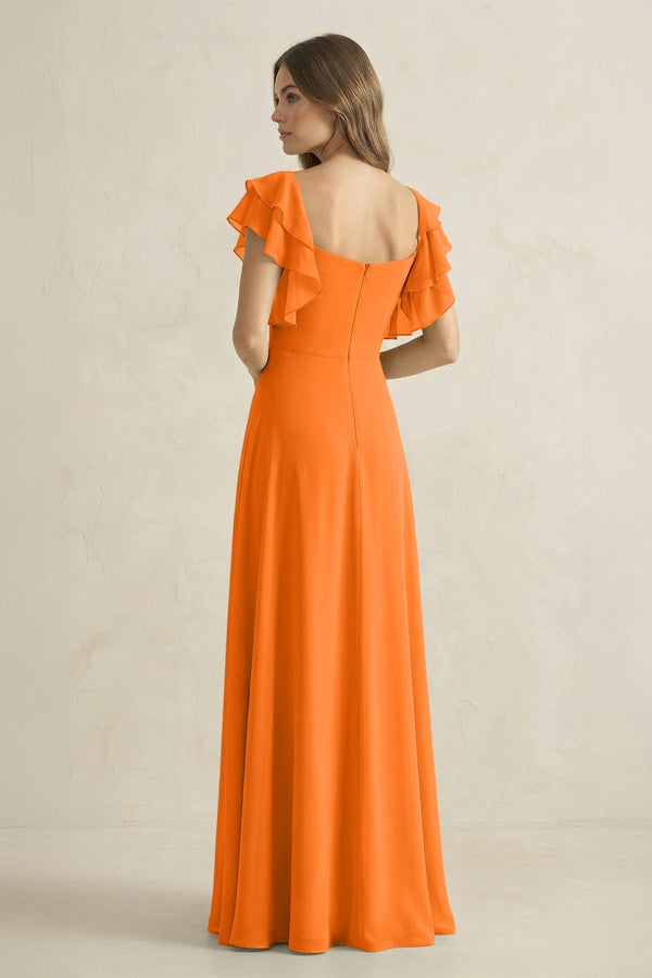 Ruffled Sleeves A-Line Chiffon Bridesmaid Dress in Cinnamon - KissProm BRIDESMAID DRESSES