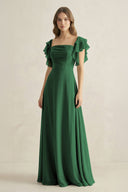 Ruffled Sleeves A-Line Chiffon Bridesmaid Dress in Dark Green - KissProm BRIDESMAID DRESSES