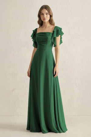 Ruffled Sleeves A-Line Chiffon Bridesmaid Dress in Dark Green - KissProm BRIDESMAID DRESSES