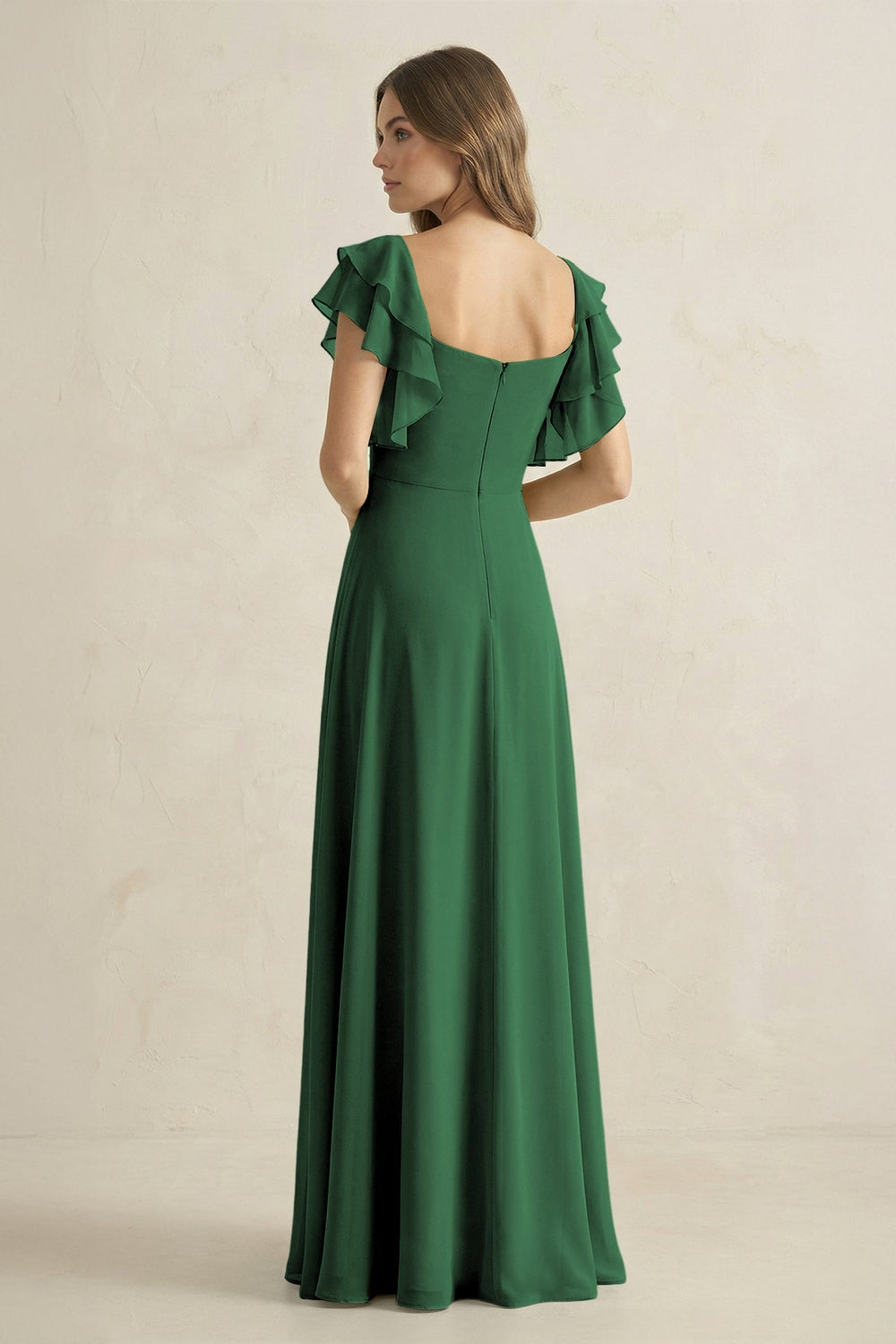 Ruffled Sleeves A-Line Chiffon Bridesmaid Dress in Dark Green - KissProm BRIDESMAID DRESSES