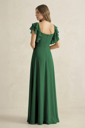 Ruffled Sleeves A-Line Chiffon Bridesmaid Dress in Dark Green - KissProm BRIDESMAID DRESSES