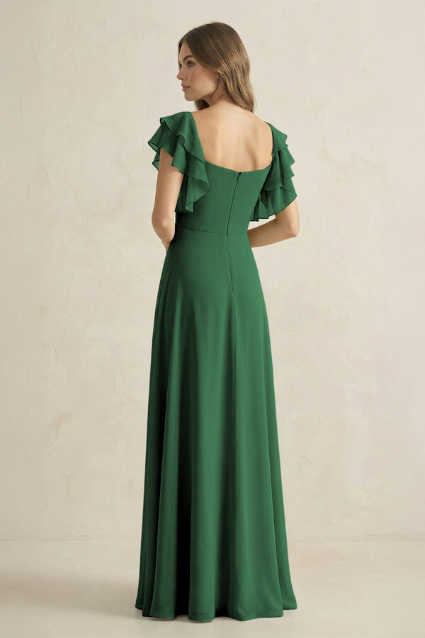 Ruffled Sleeves A-Line Chiffon Bridesmaid Dress in Dark Green - KissProm BRIDESMAID DRESSES