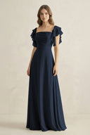Ruffled Sleeves A-Line Chiffon Bridesmaid Dress in Dark Navy - KissProm BRIDESMAID DRESSES