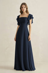 Ruffled Sleeves A-Line Chiffon Bridesmaid Dress in Dark Navy - KissProm BRIDESMAID DRESSES