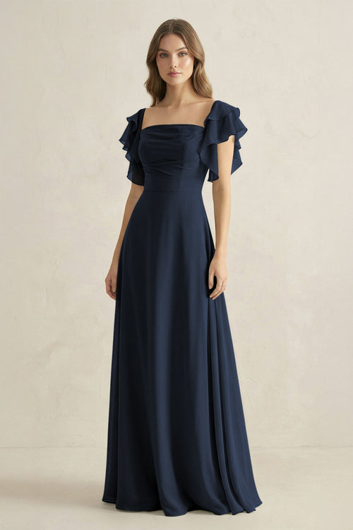 Ruffled Sleeves A-Line Chiffon Bridesmaid Dress in Dark Navy - KissProm BRIDESMAID DRESSES
