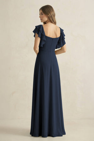 Ruffled Sleeves A-Line Chiffon Bridesmaid Dress in Dark Navy - KissProm BRIDESMAID DRESSES