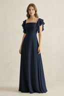 Ruffled Sleeves A-Line Chiffon Bridesmaid Dress in Dark Navy - KissProm BRIDESMAID DRESSES