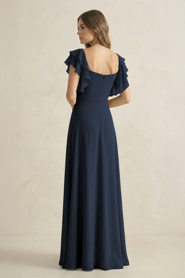 Ruffled Sleeves A-Line Chiffon Bridesmaid Dress in Dark Navy - KissProm BRIDESMAID DRESSES