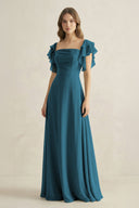 Ruffled Sleeves A-Line Chiffon Bridesmaid Dress in Dark Teal - KissProm BRIDESMAID DRESSES