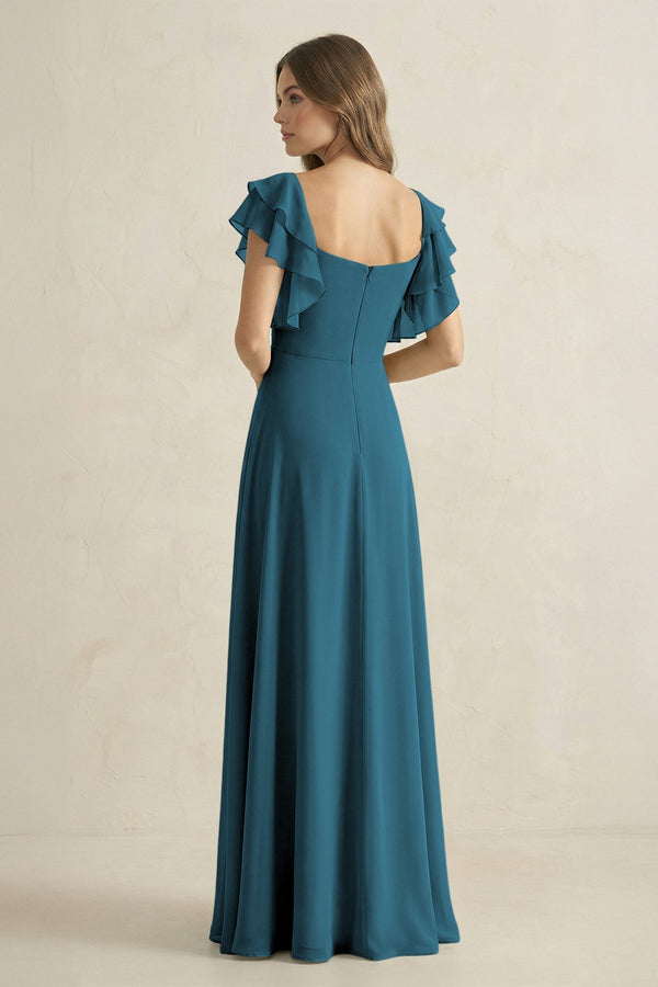 Ruffled Sleeves A-Line Chiffon Bridesmaid Dress in Dark Teal - KissProm BRIDESMAID DRESSES