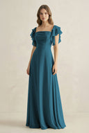 Ruffled Sleeves A-Line Chiffon Bridesmaid Dress in Dark Teal - KissProm BRIDESMAID DRESSES
