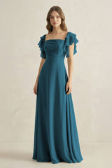 Ruffled Sleeves A-Line Chiffon Bridesmaid Dress in Dark Teal - KissProm BRIDESMAID DRESSES