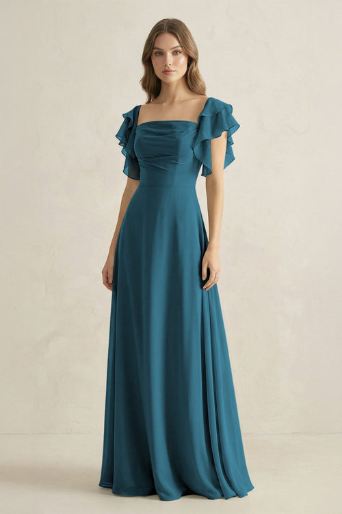 Ruffled Sleeves A-Line Chiffon Bridesmaid Dress in Dark Teal - KissProm BRIDESMAID DRESSES