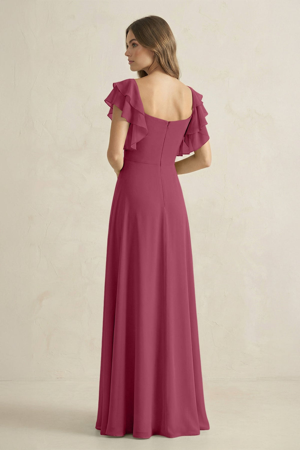 Ruffled Sleeves A-Line Chiffon Bridesmaid Dress in Desert Rose - KissProm BRIDESMAID DRESSES