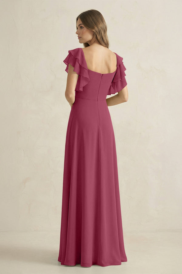 Ruffled Sleeves A-Line Chiffon Bridesmaid Dress in Desert Rose - KissProm BRIDESMAID DRESSES
