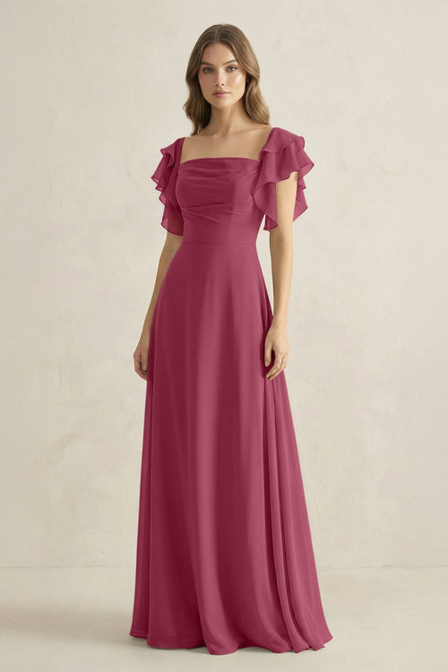 Ruffled Sleeves A-Line Chiffon Bridesmaid Dress in Desert Rose - KissProm BRIDESMAID DRESSES