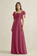 Ruffled Sleeves A-Line Chiffon Bridesmaid Dress in Desert Rose - KissProm BRIDESMAID DRESSES