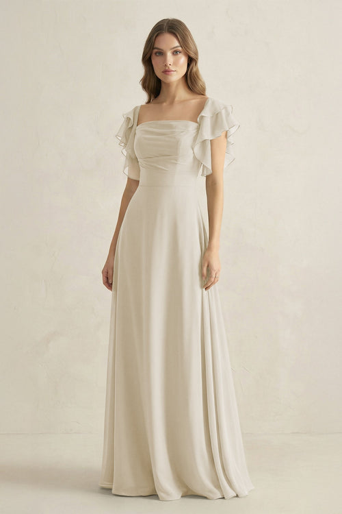 Ruffled Sleeves A-Line Chiffon Bridesmaid Dress in Dove Gray - KissProm BRIDESMAID DRESSES