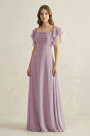 Ruffled Sleeves A-Line Chiffon Bridesmaid Dress in Dusk - KissProm BRIDESMAID DRESSES