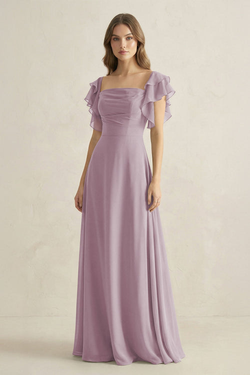 Ruffled Sleeves A-Line Chiffon Bridesmaid Dress in Dusk - KissProm BRIDESMAID DRESSES