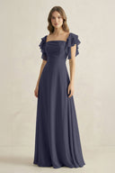 Ruffled Sleeves A-Line Chiffon Bridesmaid Dress in Dusk Blue - KissProm BRIDESMAID DRESSES