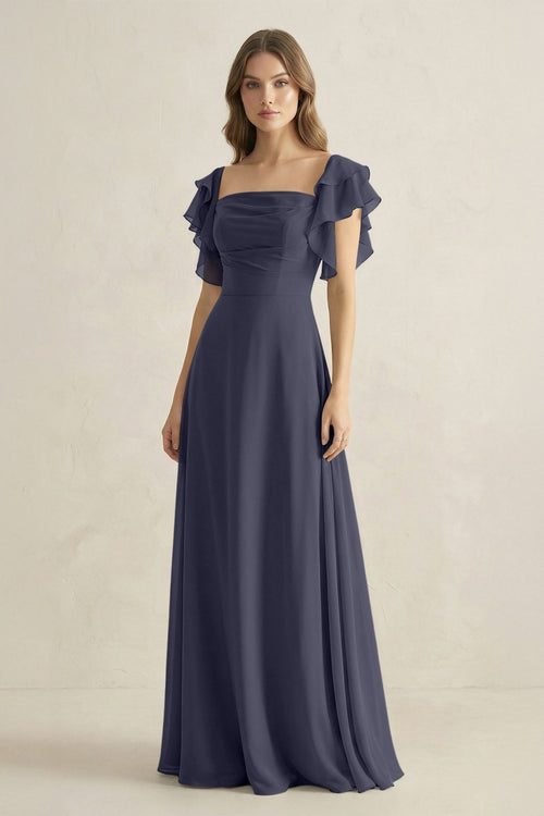 Ruffled Sleeves A-Line Chiffon Bridesmaid Dress in Dusk Blue - KissProm BRIDESMAID DRESSES