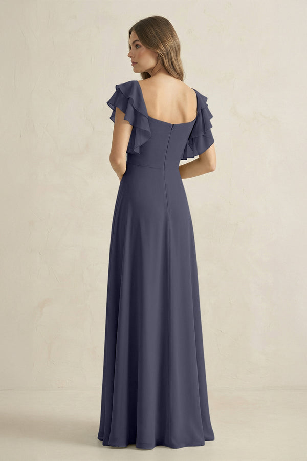 Ruffled Sleeves A-Line Chiffon Bridesmaid Dress in Dusk Blue - KissProm BRIDESMAID DRESSES