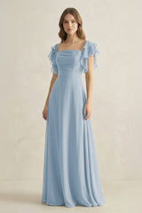 Ruffled Sleeves A-Line Chiffon Bridesmaid Dress in Dusty Blue - KissProm BRIDESMAID DRESSES