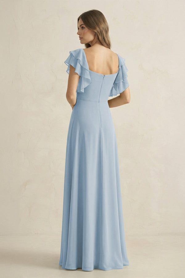 Ruffled Sleeves A-Line Chiffon Bridesmaid Dress in Dusty Blue - KissProm BRIDESMAID DRESSES