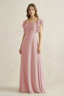 Ruffled Sleeves A-Line Chiffon Bridesmaid Dress in Dusty Rose - KissProm BRIDESMAID DRESSES