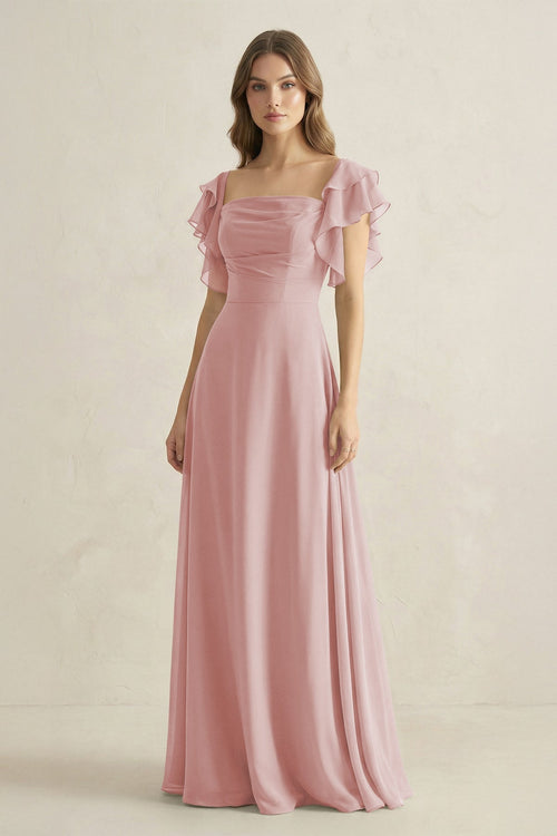 Ruffled Sleeves A-Line Chiffon Bridesmaid Dress in Dusty Rose - KissProm BRIDESMAID DRESSES