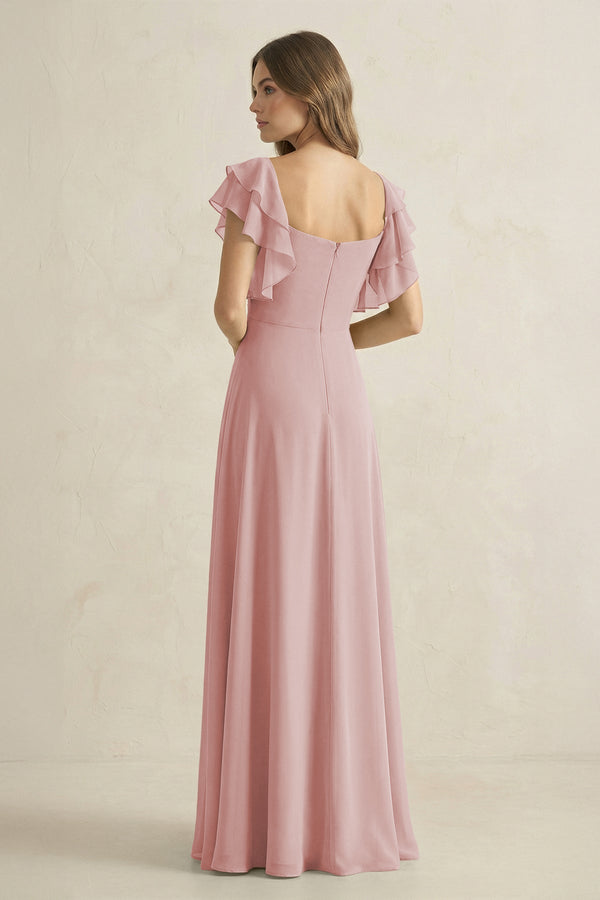 Ruffled Sleeves A-Line Chiffon Bridesmaid Dress in Dusty Rose - KissProm BRIDESMAID DRESSES