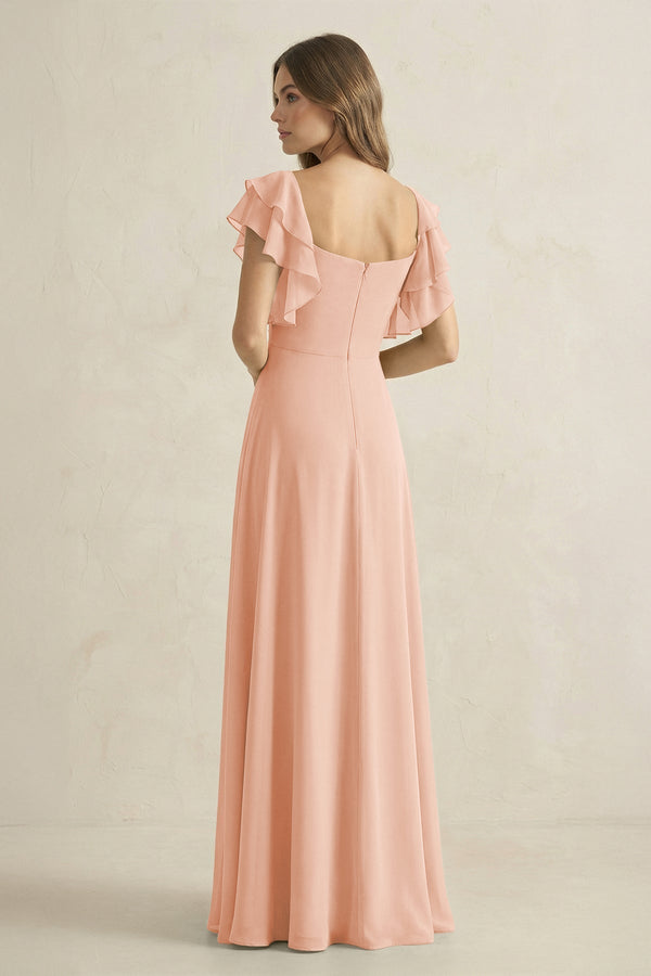 Ruffled Sleeves A-Line Chiffon Bridesmaid Dress in English Rose - KissProm BRIDESMAID DRESSES