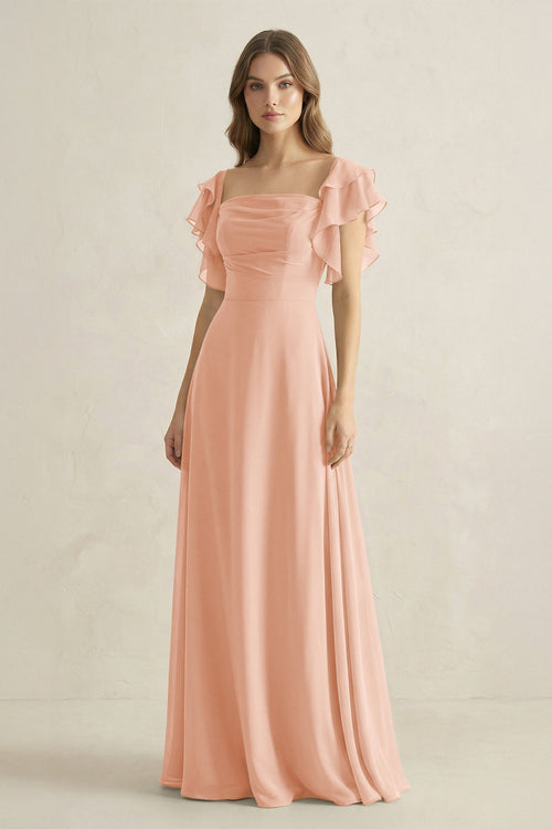 Ruffled Sleeves A-Line Chiffon Bridesmaid Dress in English Rose - KissProm BRIDESMAID DRESSES