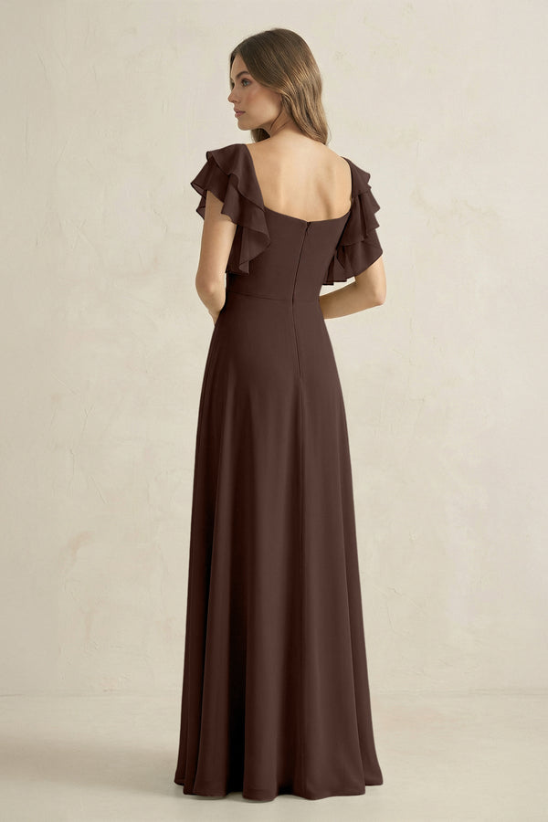 Ruffled Sleeves A-Line Chiffon Bridesmaid Dress in Espresso - KissProm BRIDESMAID DRESSES