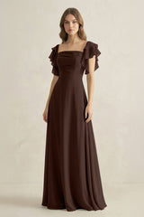 Ruffled Sleeves A-Line Chiffon Bridesmaid Dress in Espresso - KissProm BRIDESMAID DRESSES