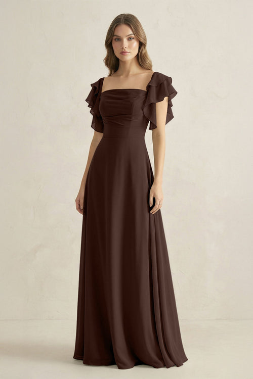 Ruffled Sleeves A-Line Chiffon Bridesmaid Dress in Espresso - KissProm BRIDESMAID DRESSES