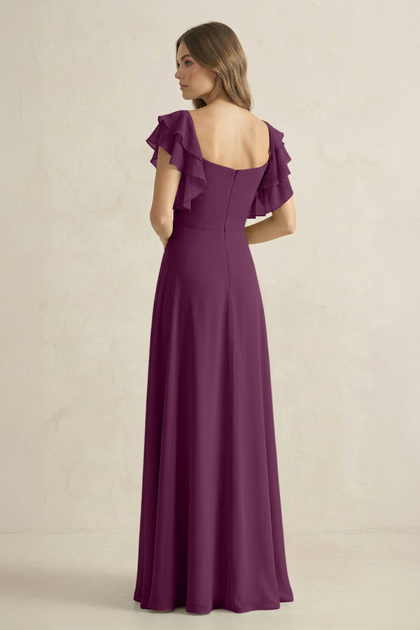 Ruffled Sleeves A-Line Chiffon Bridesmaid Dress in Fig - KissProm BRIDESMAID DRESSES