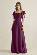 Ruffled Sleeves A-Line Chiffon Bridesmaid Dress in Fig - KissProm BRIDESMAID DRESSES
