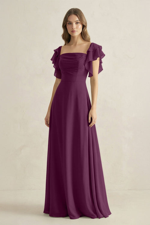 Ruffled Sleeves A-Line Chiffon Bridesmaid Dress in Fig - KissProm BRIDESMAID DRESSES