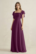Ruffled Sleeves A-Line Chiffon Bridesmaid Dress in Fig - KissProm BRIDESMAID DRESSES
