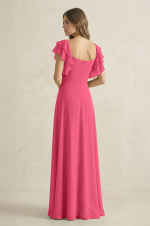 Ruffled Sleeves A-Line Chiffon Bridesmaid Dress in Fuchsia - KissProm BRIDESMAID DRESSES