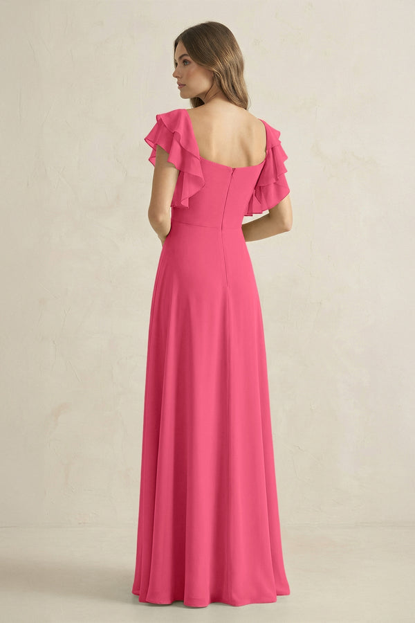 Ruffled Sleeves A-Line Chiffon Bridesmaid Dress in Fuchsia - KissProm BRIDESMAID DRESSES
