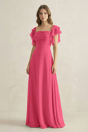 Ruffled Sleeves A-Line Chiffon Bridesmaid Dress in Fuchsia - KissProm BRIDESMAID DRESSES
